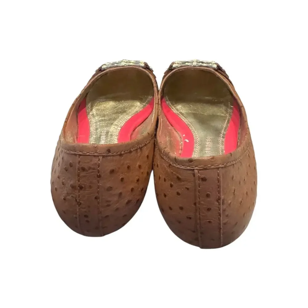 Elaine Turner Liz Ostrich Leather Bamboo Buckle Ballet Flats Brown Sz 7